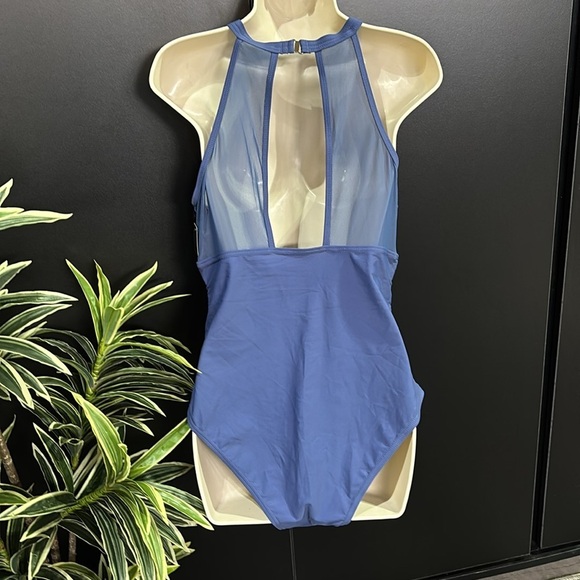 Tempt Me High Neck,mesh front detail & keyhole back,padded, ruching one-piece - Picture 3 of 15